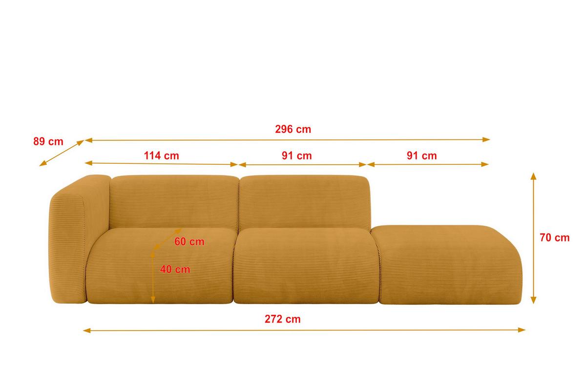 SOFA Ottomane Links MIRA-S3 296x89x70 Senfgelb Cord - Currygelb/Schwarz, Holzwerkstoff/Kunststoff (296/70/89cm) - ALTDECOR