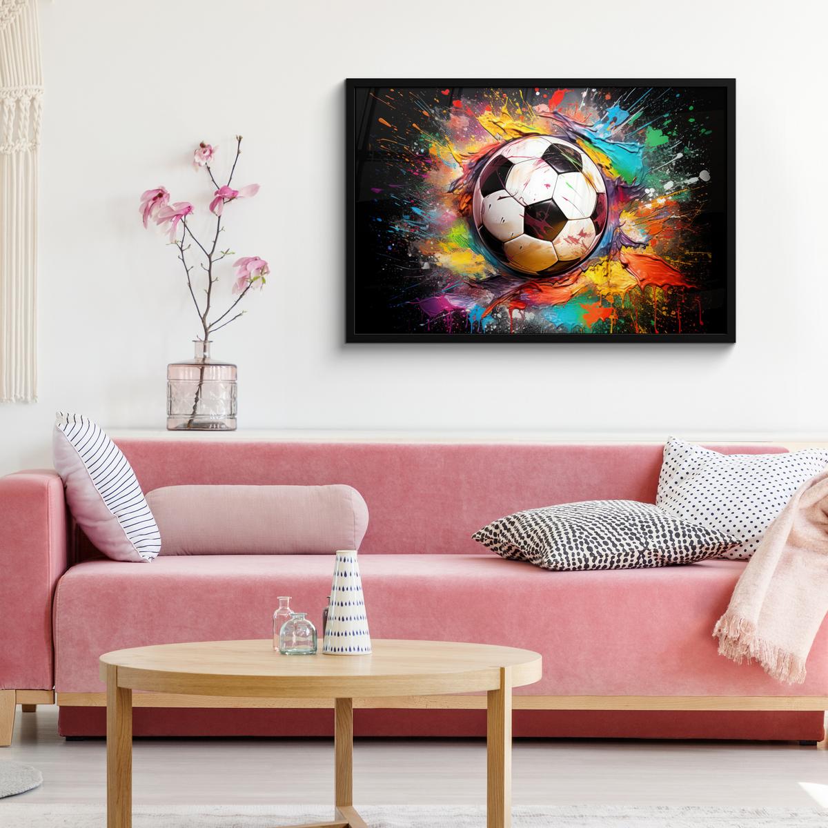 POSTER MIT RAHMENGERAHMTES BILD Fußball - Farbe - Farben - Schwarz - Weiß 90x60 cm - Weiß, Papier (90/60cm) - MuchoWow