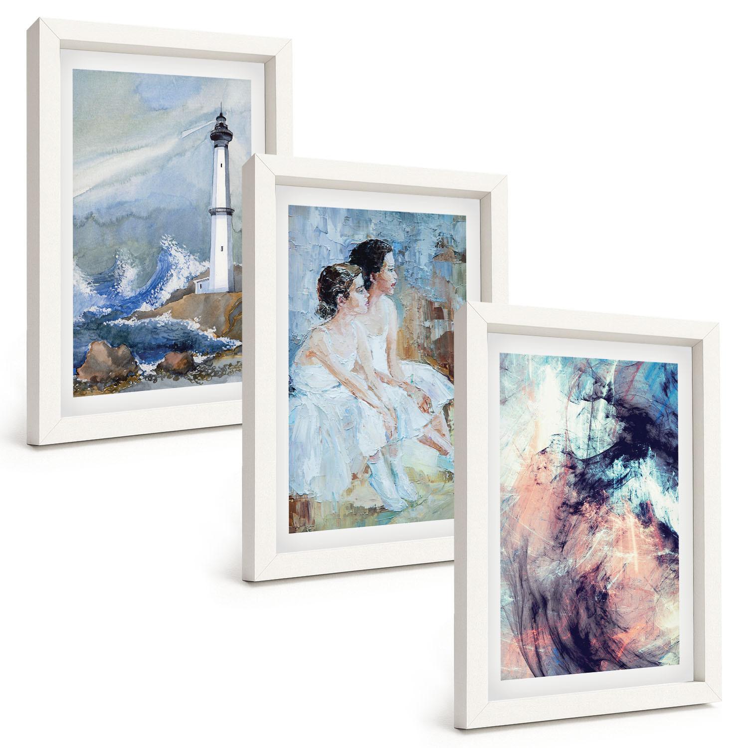 BILDER SET 3er Set - 20x30 cm Weißer Rahmen - Leuchtturm-Abstrakte Tänzerin - Weiß, Kunststoff (20/30cm) - TULUP