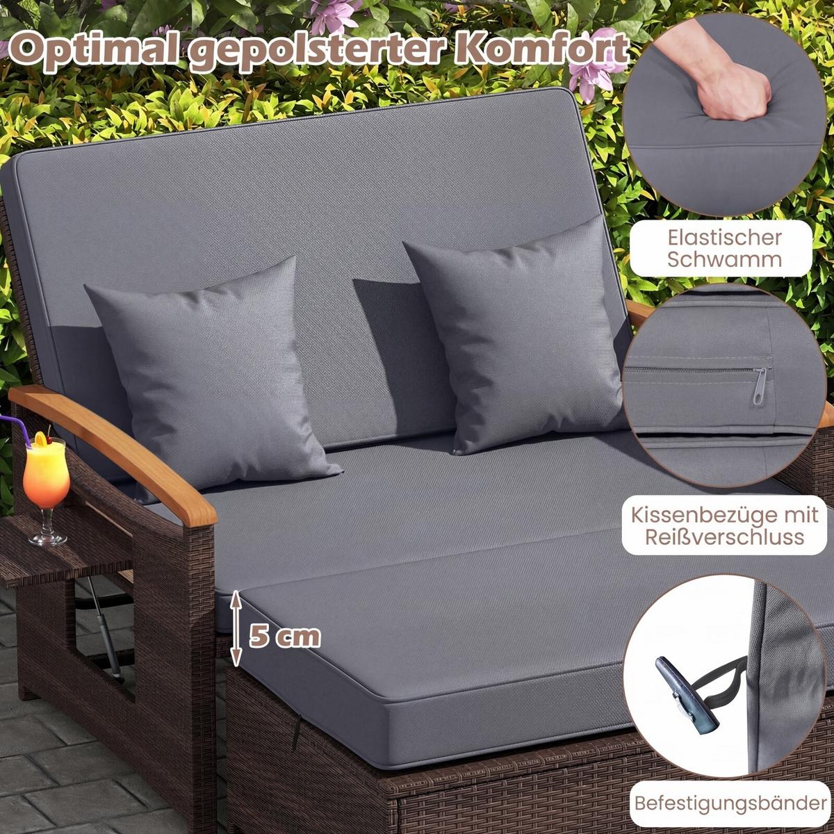 SONNENLIEGE geflochtene Doppel liege grau - Grau, Metall (164/88/72cm) - COSTWAY