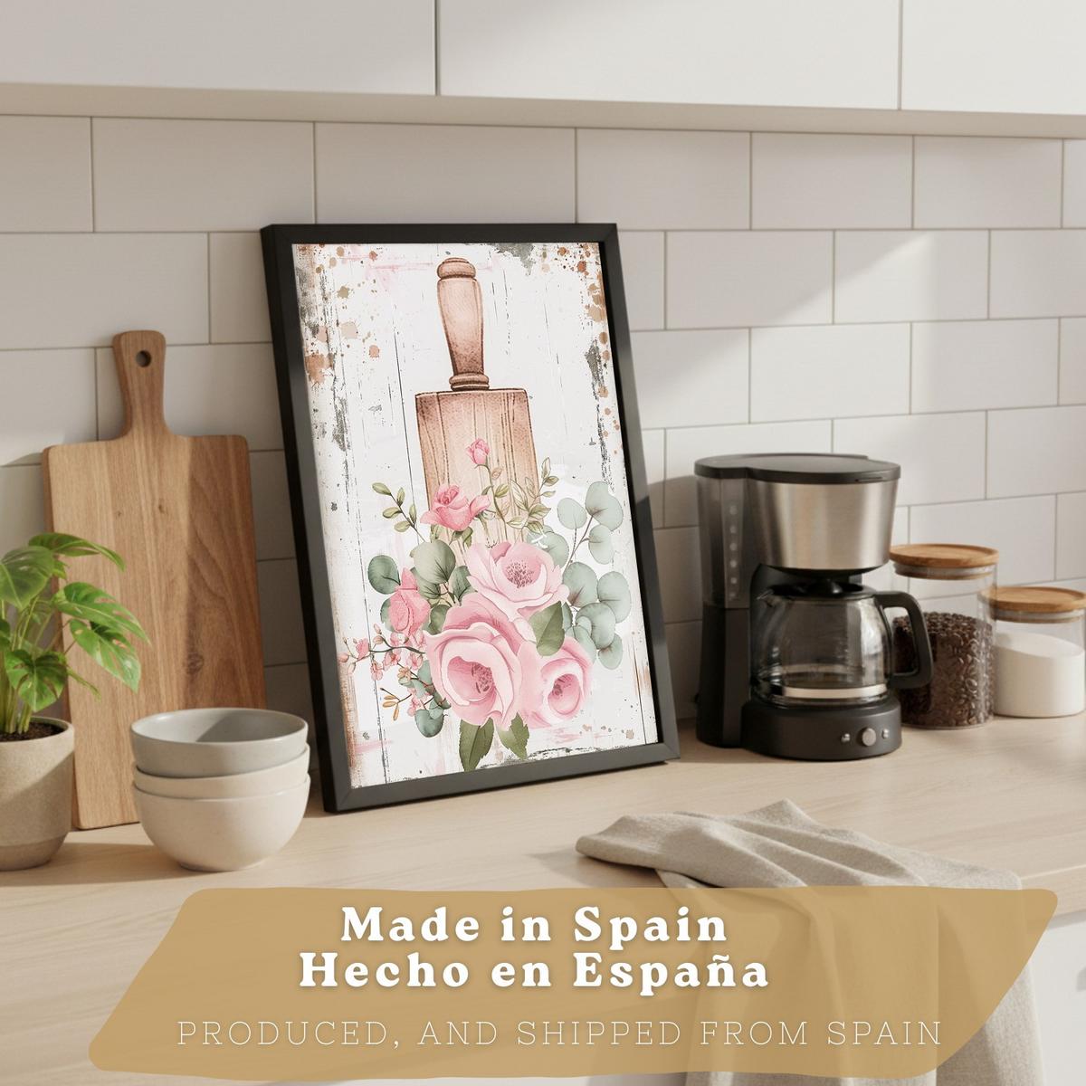 POSTER 4er Set Rosa Backkunst Wandbilder Küchenmaschine Torte Utensilien Blumen Shabby Chic Küche Deko Schwarzer Rahmen A3 - Schwarz, Papier (29.7/1/42cm) - Nacnic