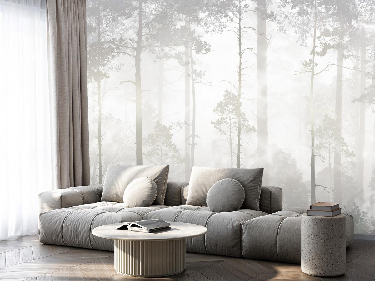 FOTOTAPETE für Schlafzimmer Nebliger Wald Bäume Sträucher Mystik 200x140 - Beige/Weiß, Papier (200/140cm) - Muralo