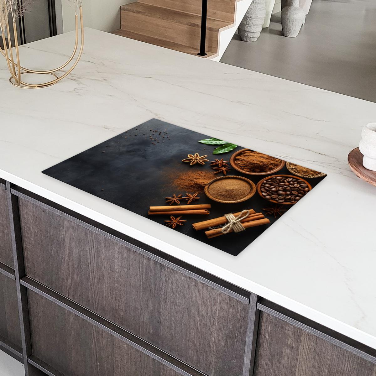 HERDABDECKPLATTE Zimt - Beton - Kaffee - Zimtstangen - Gewürze Ceranfeldabdeckung 76x51.5 cm - Mokka, Kunststoff (76/51.5/0.2cm) - MuchoWow