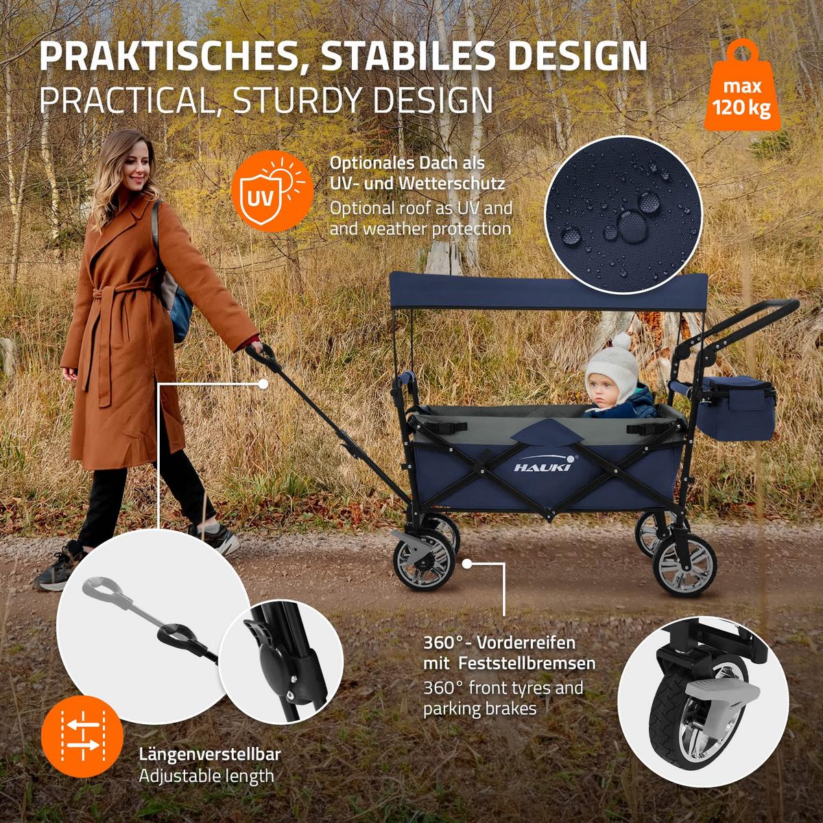 BOLLERWAGEN faltbar mit Dach XXL Blau-Grau Handwagen für Kinder Strand Picknick - Blau, Metall (56/99/196cm) - Hauki