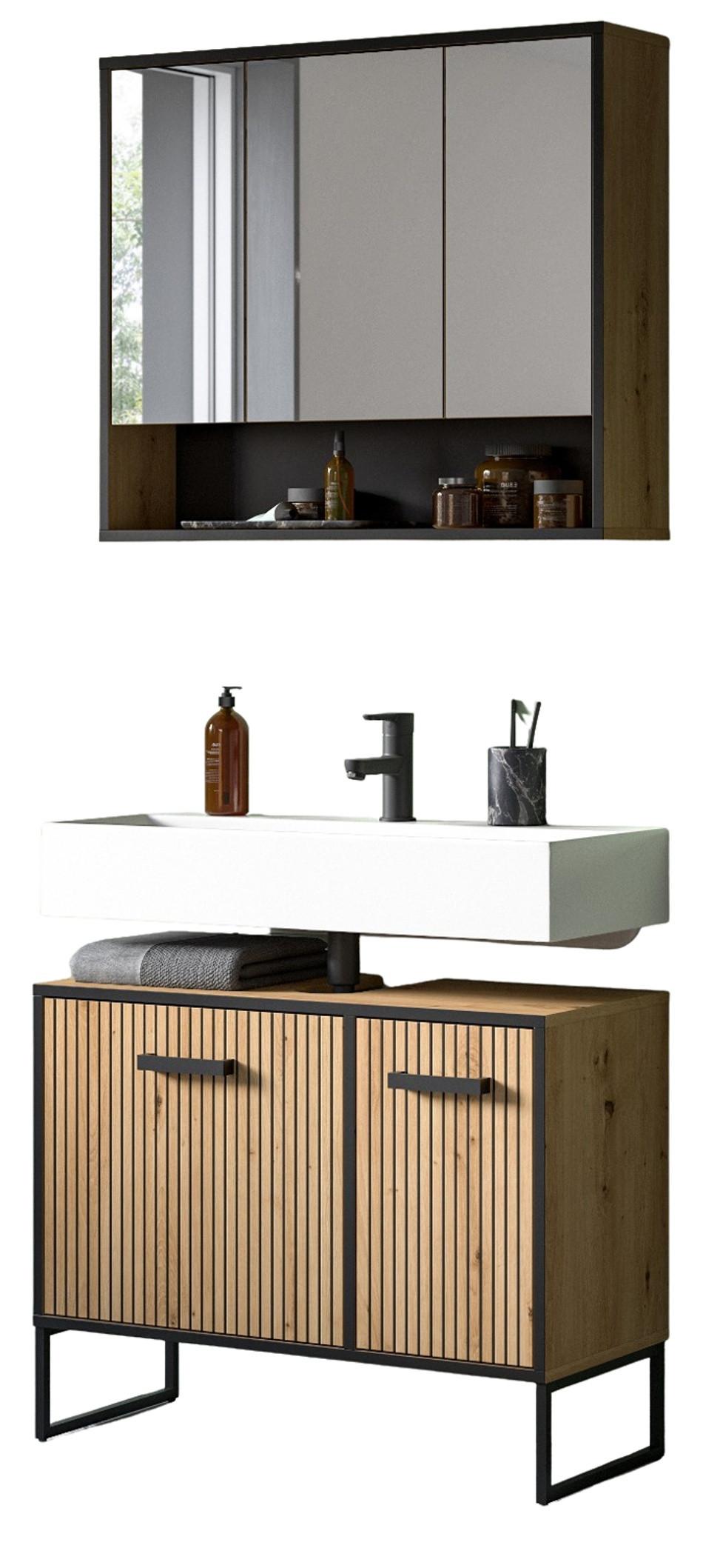 BADMÖBEL-SET 2-teilig Eiche Artisan, schwarz 80 cm, Badkombination mit Soft-Close - Schwarz/Eiche Artisan, Glas/Holzwerkstoff (80/192/36cm) - Inn.Furn