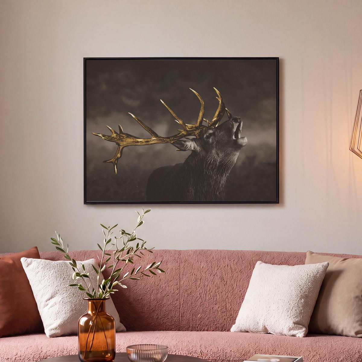 LEINWAND Bilder mit Rahmen - Rotwild - Schwarz - Gold - 80x60 - Braun, Textil (80/60cm) - MuchoWow