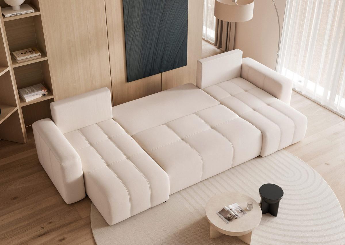 WOHNLANDSCHAFT U-Form Velours mit Bettkasten und Schlaffunktion - Creme, Holzwerkstoff/Textil (318/79/145cm) - Idohome