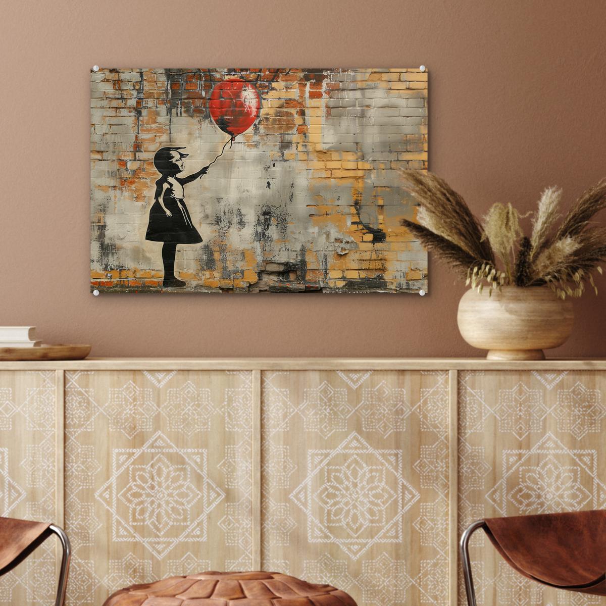 ACRYLGLASBILD Graffiti - Banksy - Mädchen - Straßenkunst Wanddeko 60x40 cm - Sandfarben, Glas (60/40cm) - MuchoWow