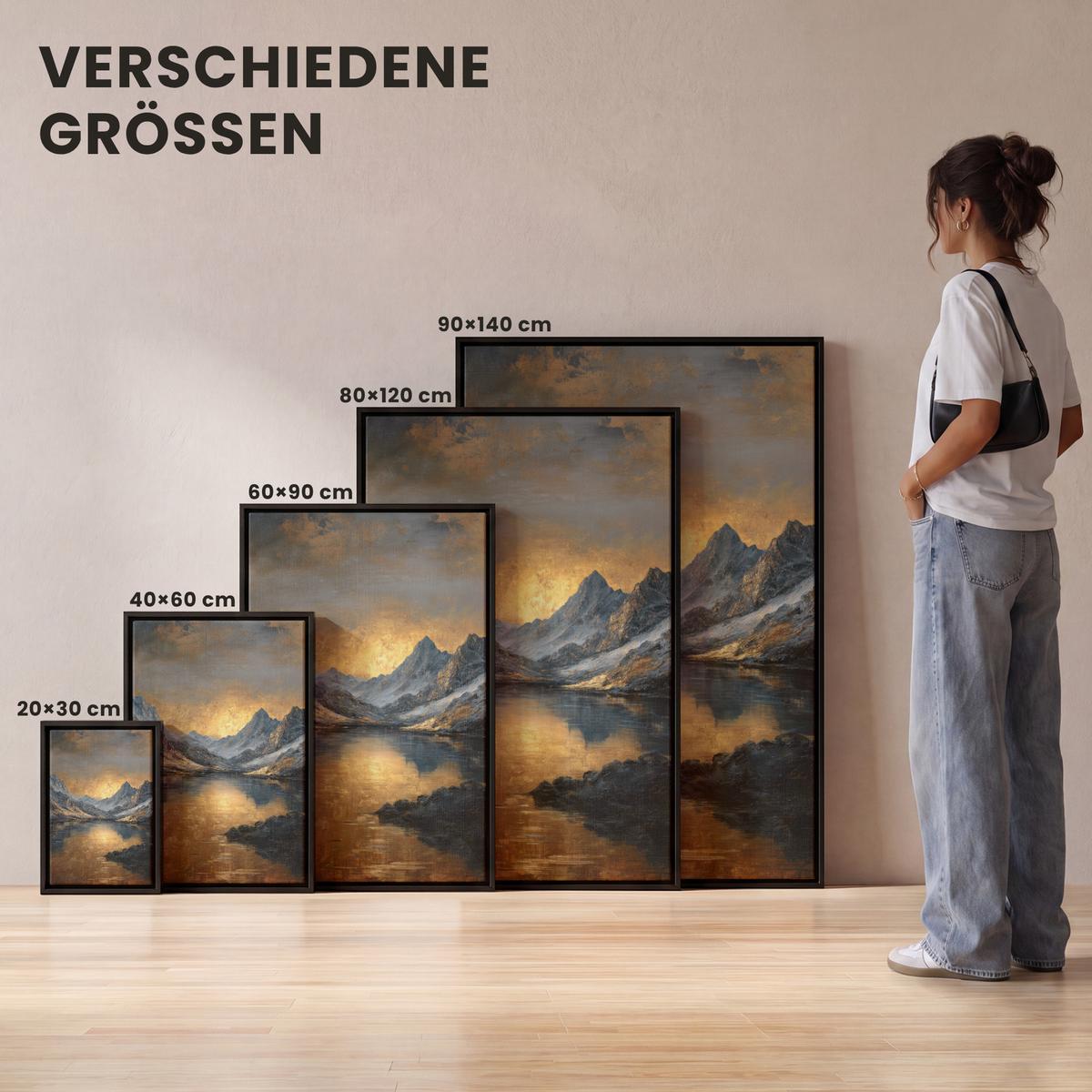 LEINWAND Bilder mit Rahmen - Bergkulisse mit goldenem Sonnenuntergang - 60x90 - Goldfarben, Textil (60/90cm) - MuchoWow
