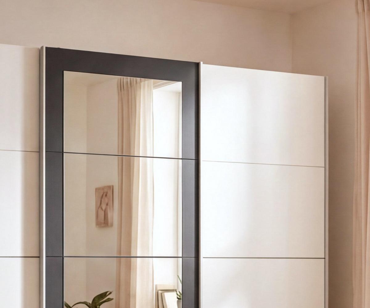 SCHWEBETÜRENSCHRANK 3-türig B270/H208/64 cm Kleiderschrank in Weiß, Spiegel umrahmt in Grafit, Griffe Weiß / 22629 - Graphitfarben/Weiß, Holzwerkstoff/Metall (270/208/64cm) - luma-home
