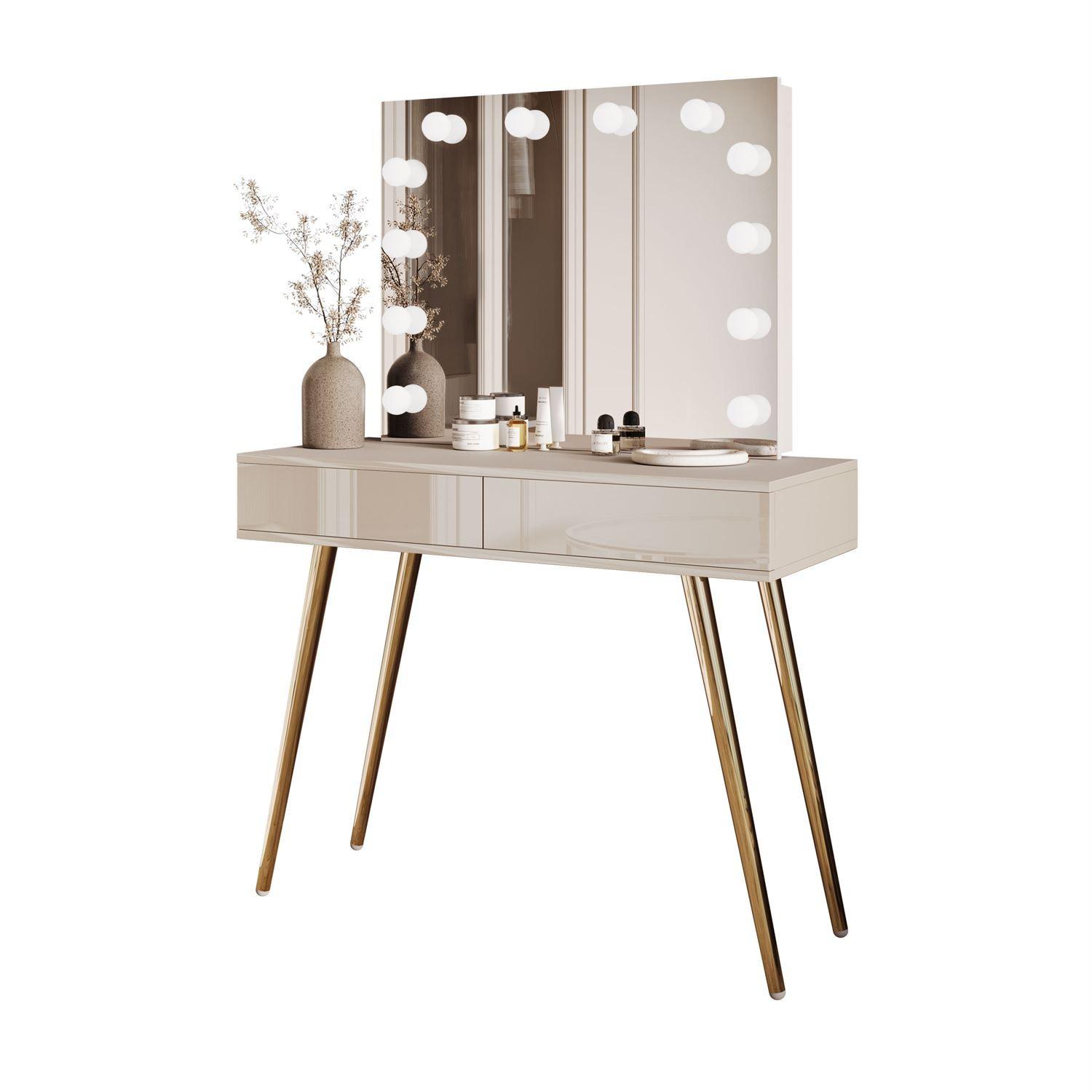SCHMINKTISCH SIENNA GOLD ELITE auf schrägen Beinen PUSH OPEN - Kaschmir, Holzwerkstoff (100/81/42cm) - Lookway