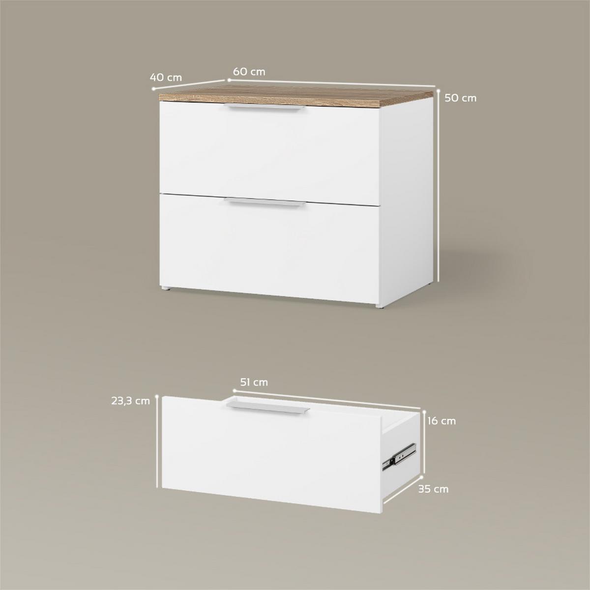KOMMODE Piave Weiß/Sonoma 60 x 50 cm mit 2 Schubladen - Weiß/Sonoma Eiche, Holzwerkstoff (60/50/40cm) - Livinity®