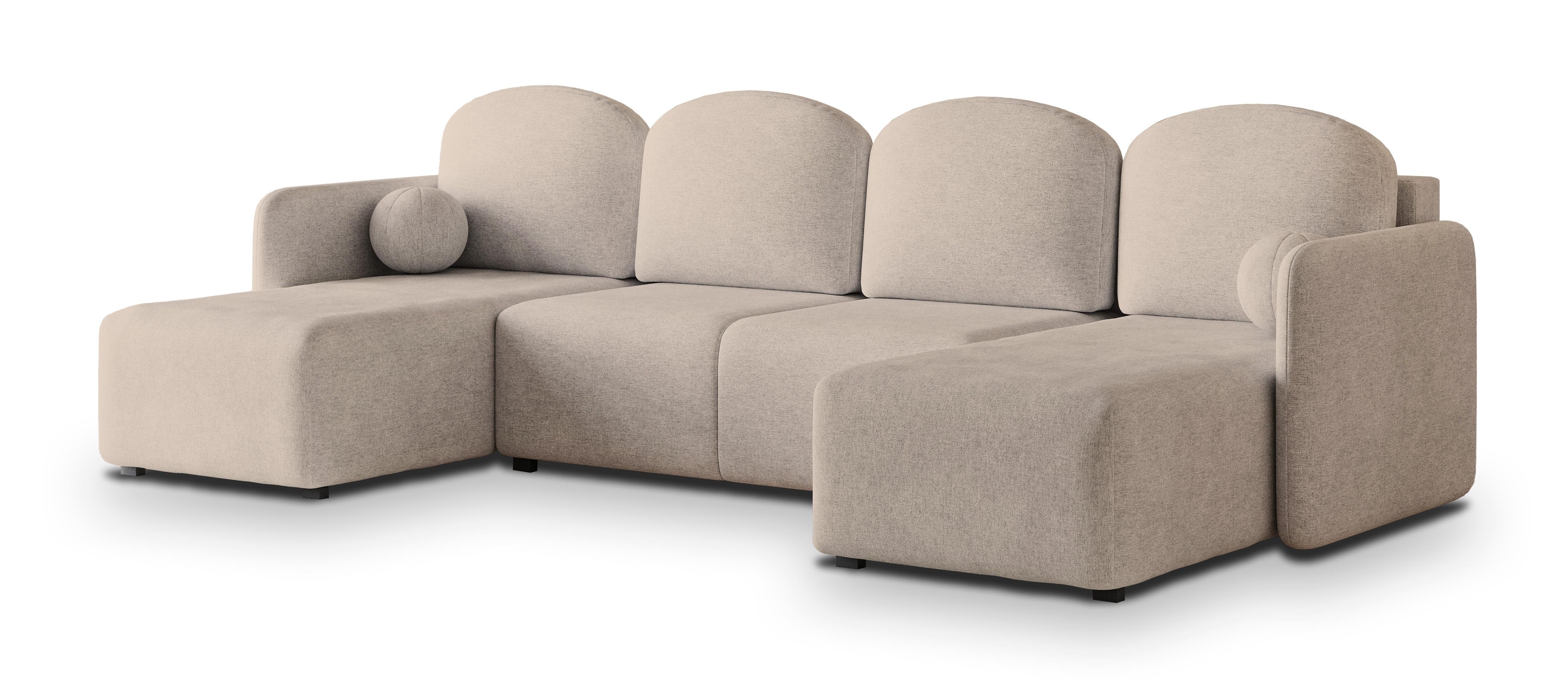 WOHNLANDSCHAFT NUBERO Beige Geflochtener Stoff mit Schlaffunktion - Beige, Holz (285/85/143cm) - MASSENO