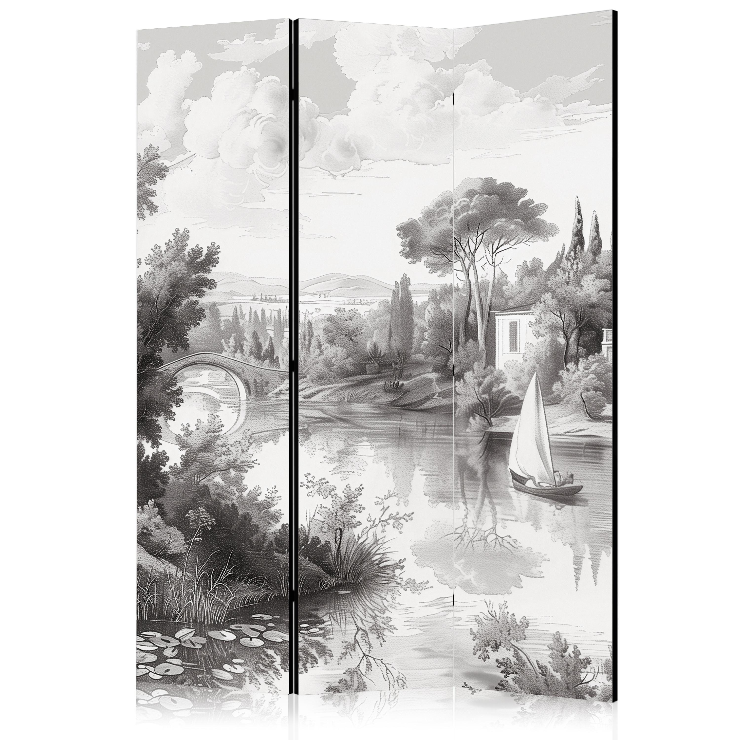 PARAVENT Akustik 3-tlg 135x172 cm Retro Flusslandschaft Natur - Grau, Holz/Textil (135/172/3cm) - Muralo