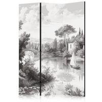 PARAVENT Akustik 3-tlg 135x172 cm Retro Flusslandschaft Natur - Grau, Holz/Textil (135/172/3cm) - Muralo