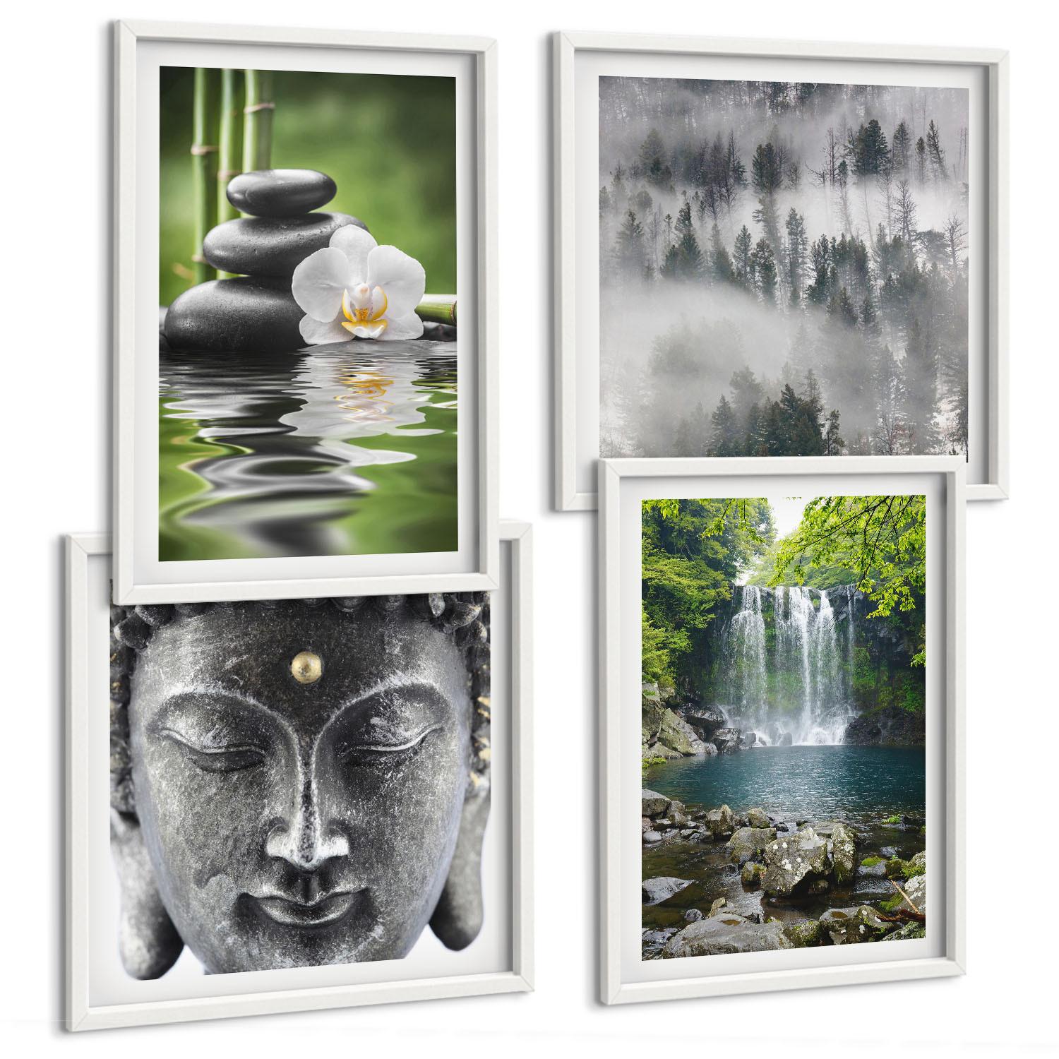BILDER SET 4er Set - 50x50 cm & 40x60 cm Weißer Rahmen - Harmonie der Natur, Steine, Wasser, Buddha - Weiß, Kunststoff (50/50cm) - TULUP