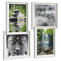 BILDER SET 4er Set - 50x50 cm & 40x60 cm Weißer Rahmen - Harmonie der Natur, Steine, Wasser, Buddha - Weiß, Kunststoff (50/50cm) - TULUP