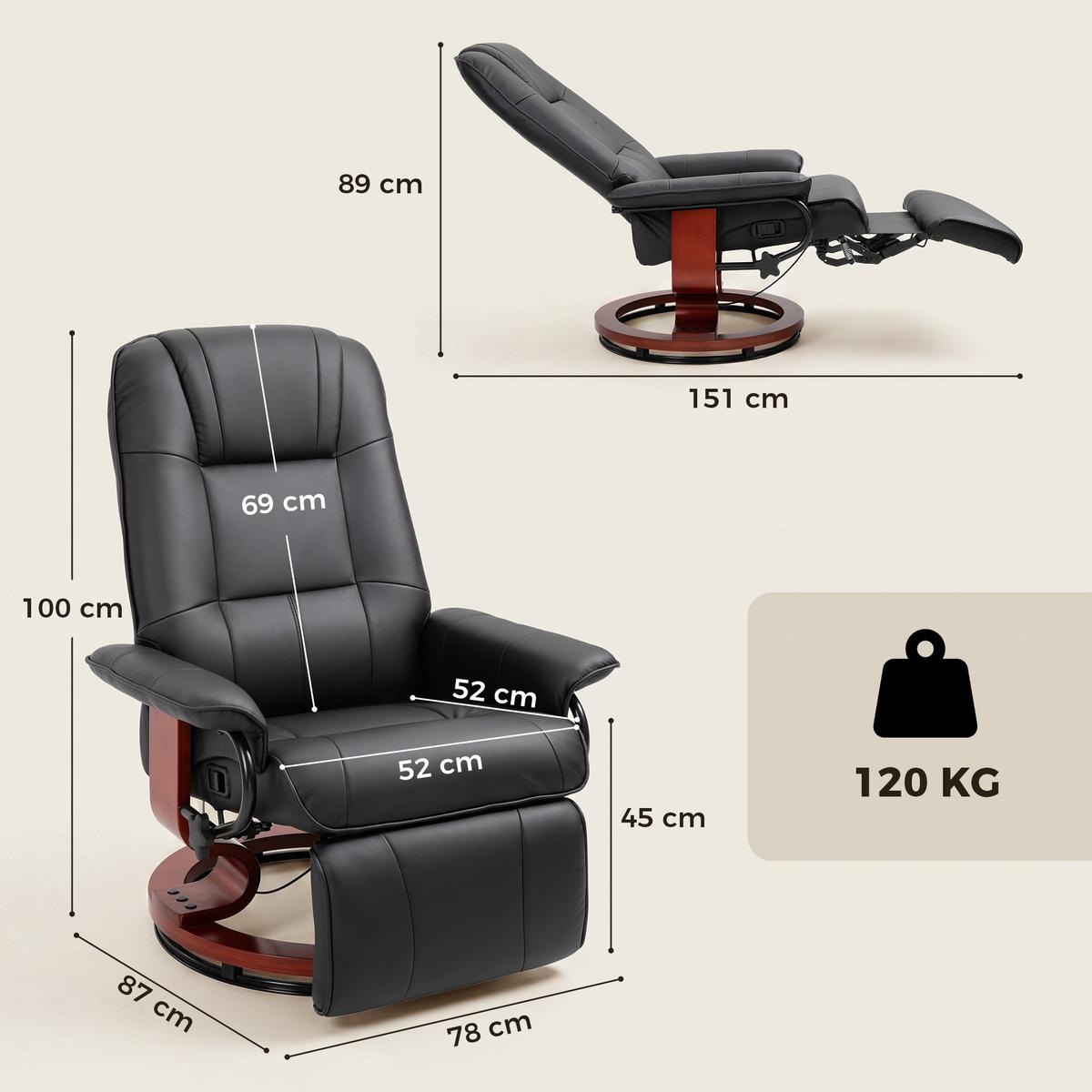 FERNSEHSESSEL Relaxsessel Liegesessel Kunstleder 360° Drehstuhl Holzfuß neigbar - Schwarz/Braun, Leder/Holz (87/100/78cm) - HOMCOM