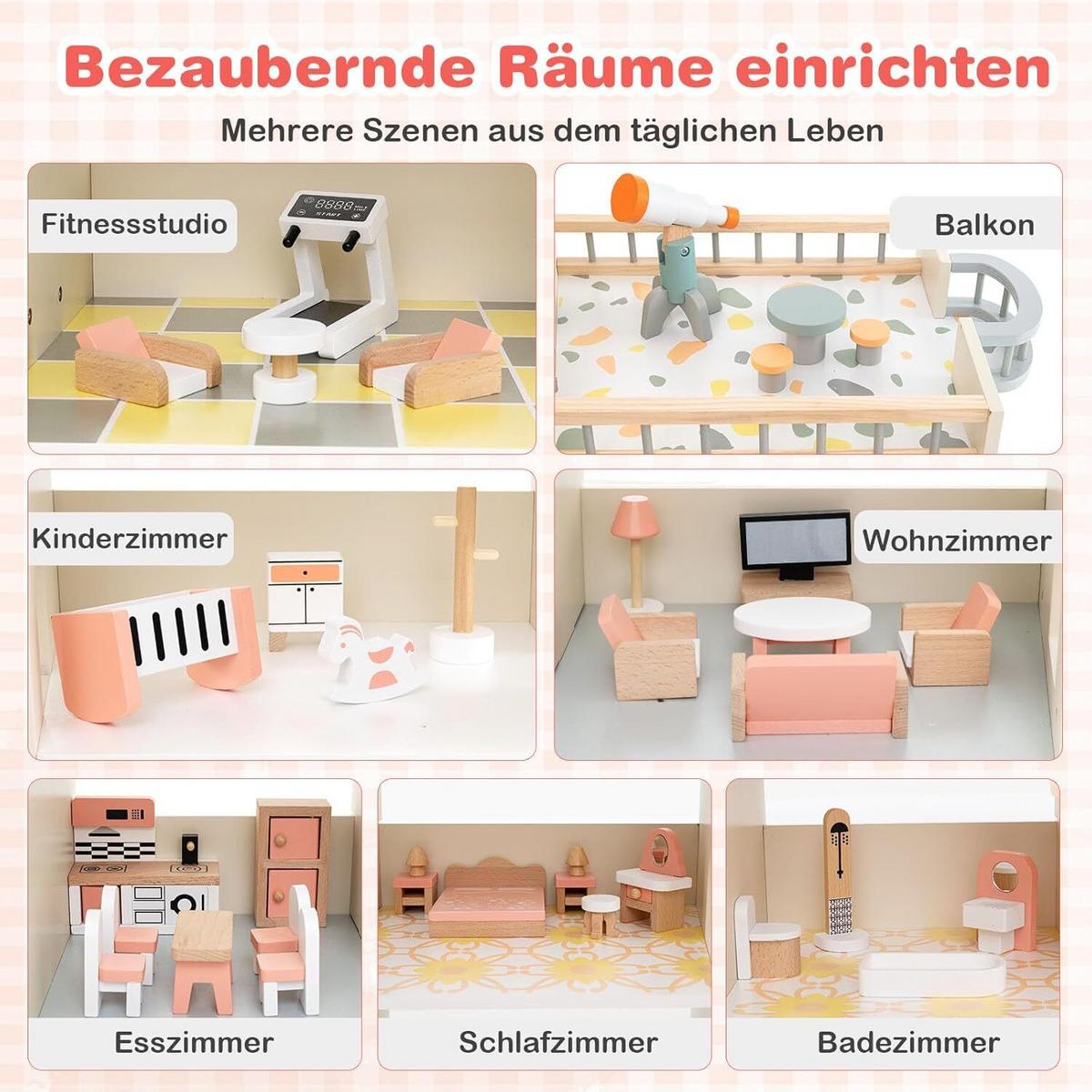 PUPPENHAUS 94cm Rosa - Pink, Holz (87/94/32cm) - COSTWAY