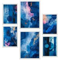 POSTER Set Mit 6 Abstrakte Farben Blau Cyan Rosa Formen A3 & A4 Weißer Rahmen - Weiß, Papier (29/3cm) - Nacnic