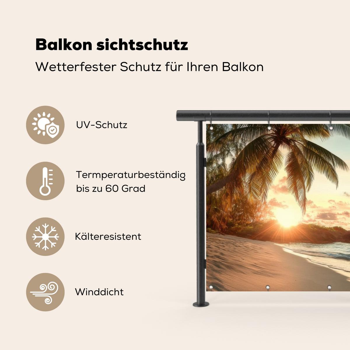 BALKON-SICHTSCHUTZ Strand - Palmen - Meer - Sonnenuntergang Witterungsbeständig 200x110 cm - Samtahornfarben, Kunststoff (200/110cm) - MuchoWow