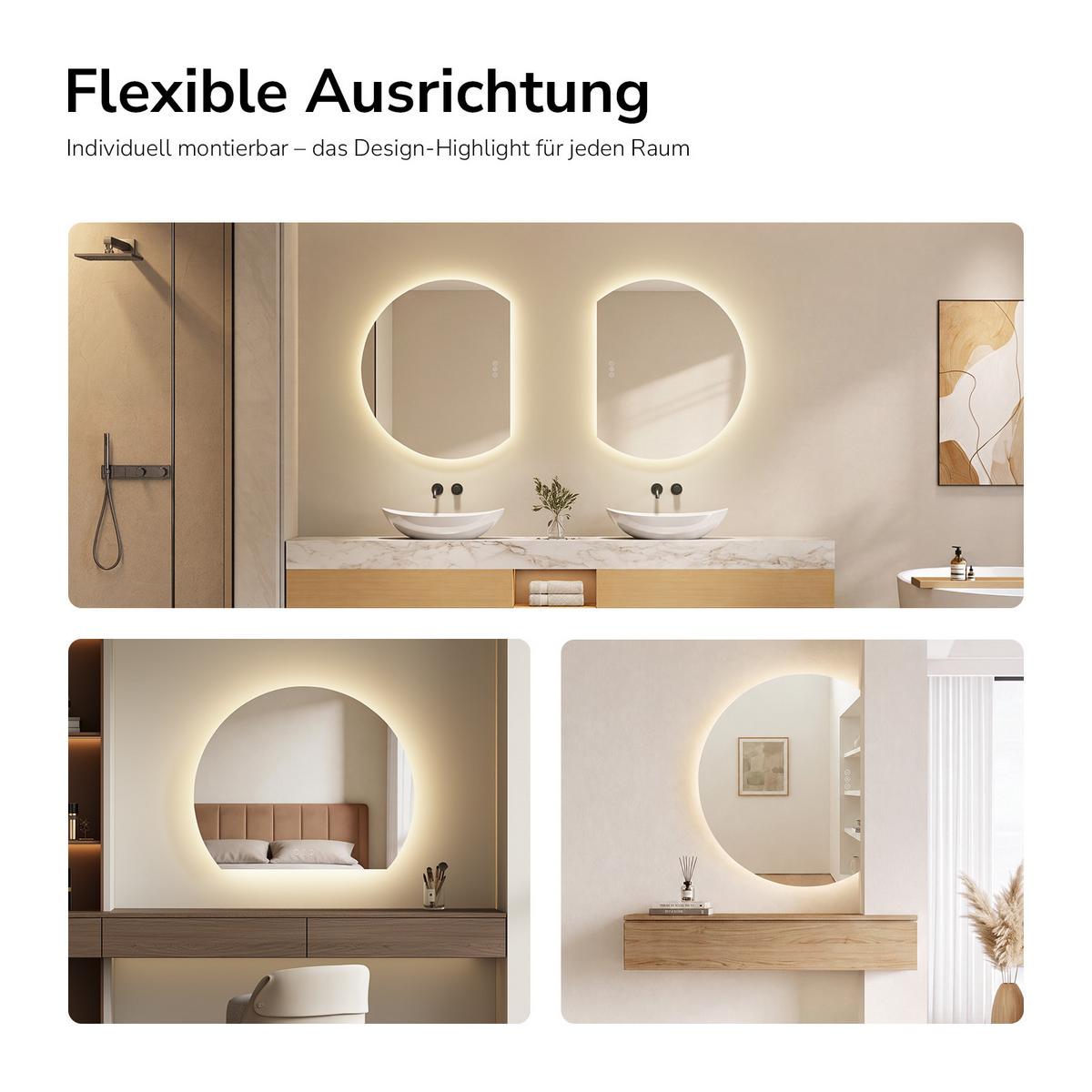 BADSPIEGEL LED 90 x 73 cm mit 3 Lichtfarben, Antibeschlagfunktion und Touch-Schalter - Transparent, Glas (90/73/2.5cm) - EMKE