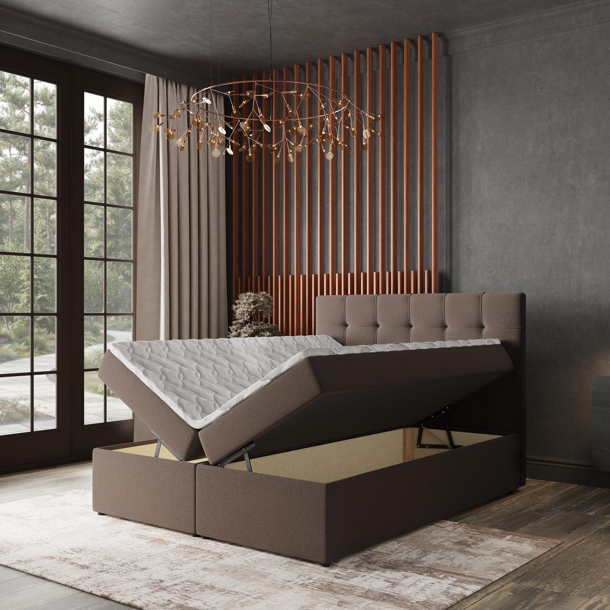 BOXBETT PALMA 160x200 cm mit Matratze und Topper, H2+H3 - Braun - Braun, Holz (160/200cm) - MASSENO