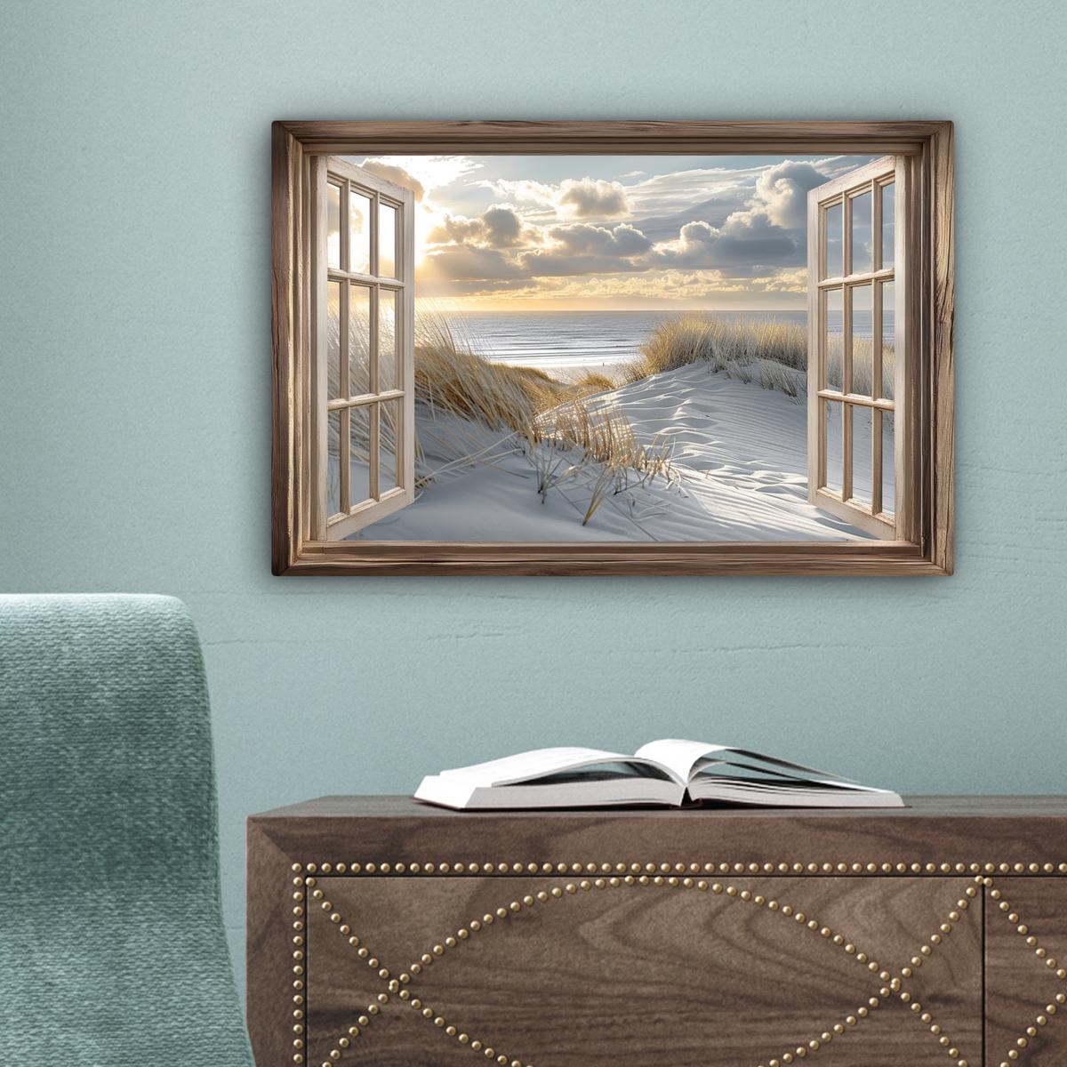 LEINWANDBILD Ausblick - Strand - Dünen - Meer - Natur Deko Schlafzimmer 30x20 cm - Sandfarben, Textil (30/20cm) - MuchoWow