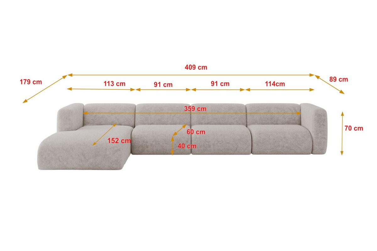 ECKSOFA Ottomane Links MIRA-L3 409x179x70 Hellgrau Velours - Hellgrau/Schwarz, Holzwerkstoff/Kunststoff (409/179cm) - ALTDECOR