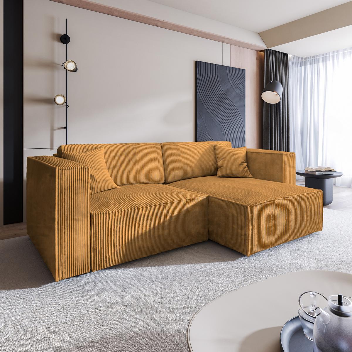 ECKSOFA NERIO P Gelb Kordstoff mit Schlaffunktion - Gelb/Grau, Holz/Kunststoff (245/148cm) - MASSENO