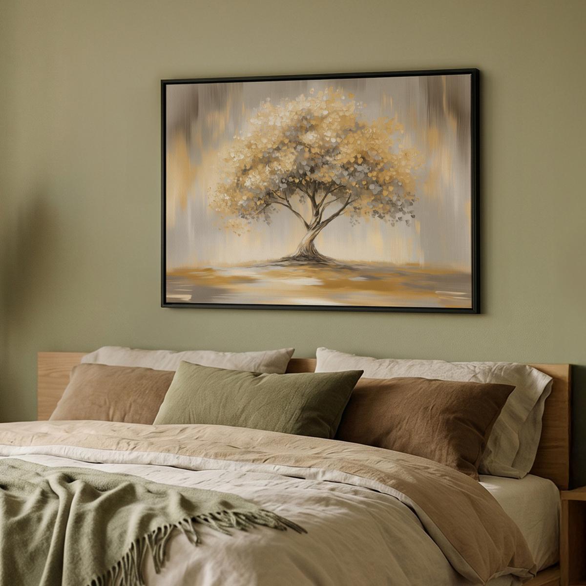 LEINWAND Bilder mit Rahmen - Gemälde - Baum - Abstrakt - Blätter - 100x70 - Beige, Textil (100/70cm) - MuchoWow