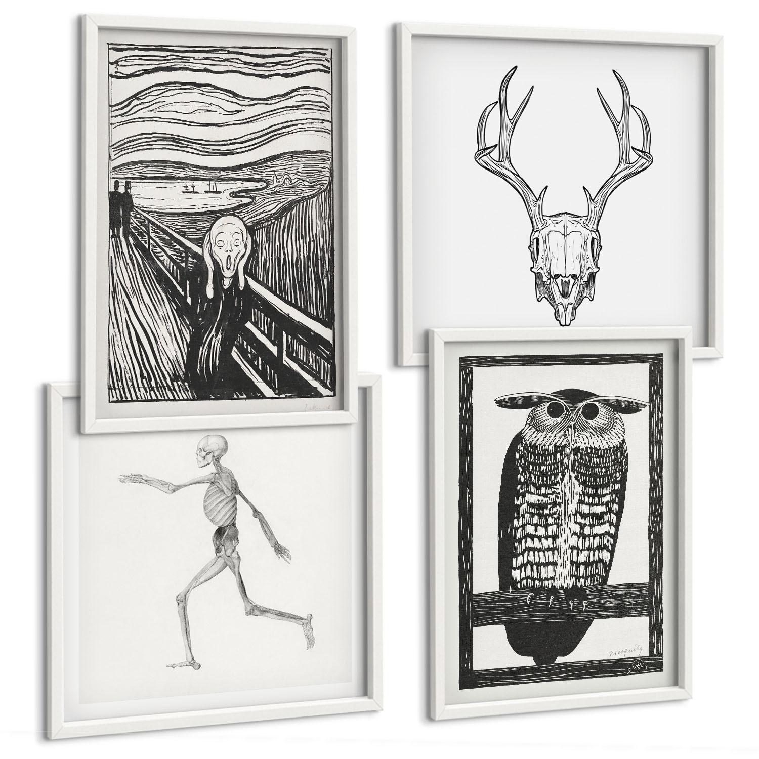 BILDER SET 4er Set - 50x50 cm & 40x60 cm Weißer Rahmen - Inspiration Schrei Schädel Eule - Weiß, Kunststoff (50/50cm) - TULUP