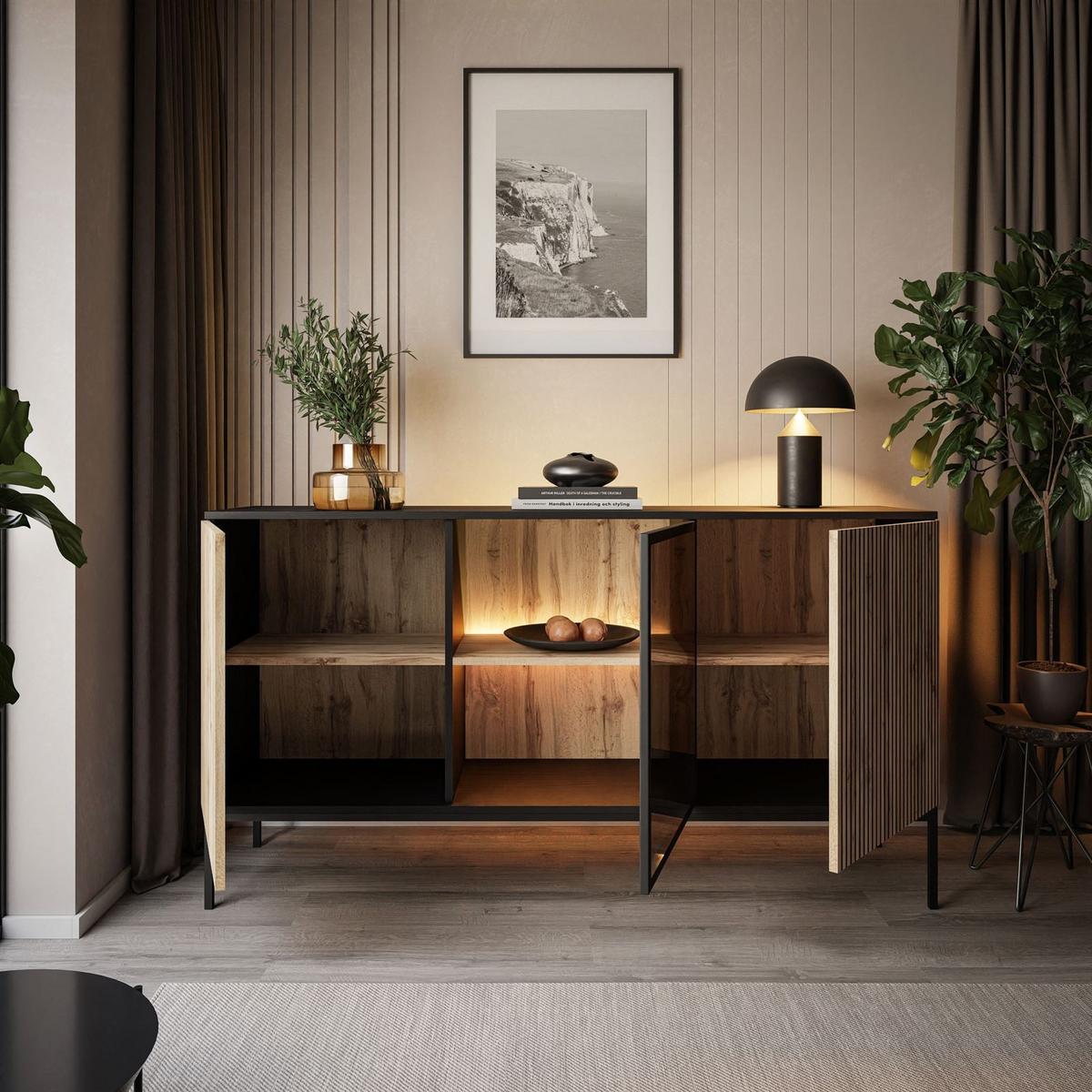 SIDEBOARDS ECLIPSE K154 mit Beleuchtung,Schwarz Eiche Wotan - Eiche Wotan, Holzwerkstoff (154/83/39cm) - Lookway