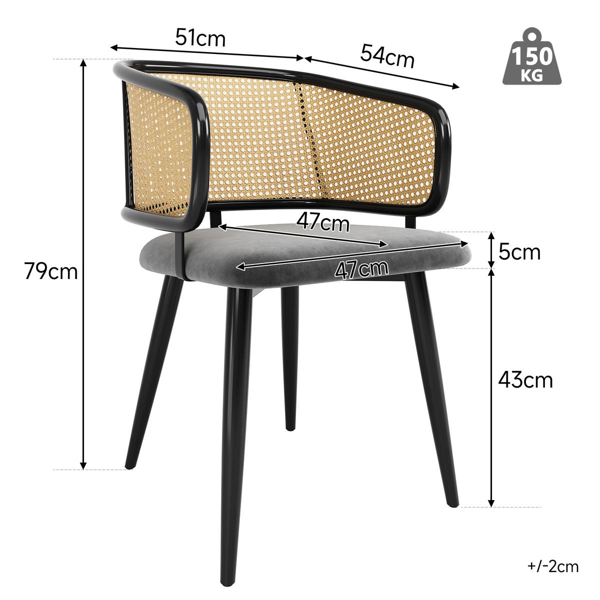 ESSZIMMERSTÜHLE 2er Set Rattan Rückenlehne & Samtsitz - Schwarz/Grau, Leder/Textil (47/79/47cm) - Urban Meuble