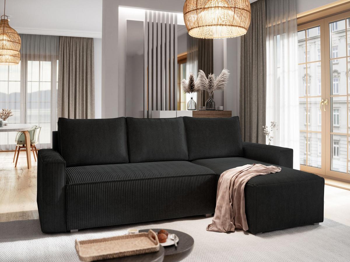 ECKSOFA POTARO Schwarz Kordstoff mit Schlaffunktion - Schwarz/Grau, Holz/Kunststoff (232/140cm) - MASSENO