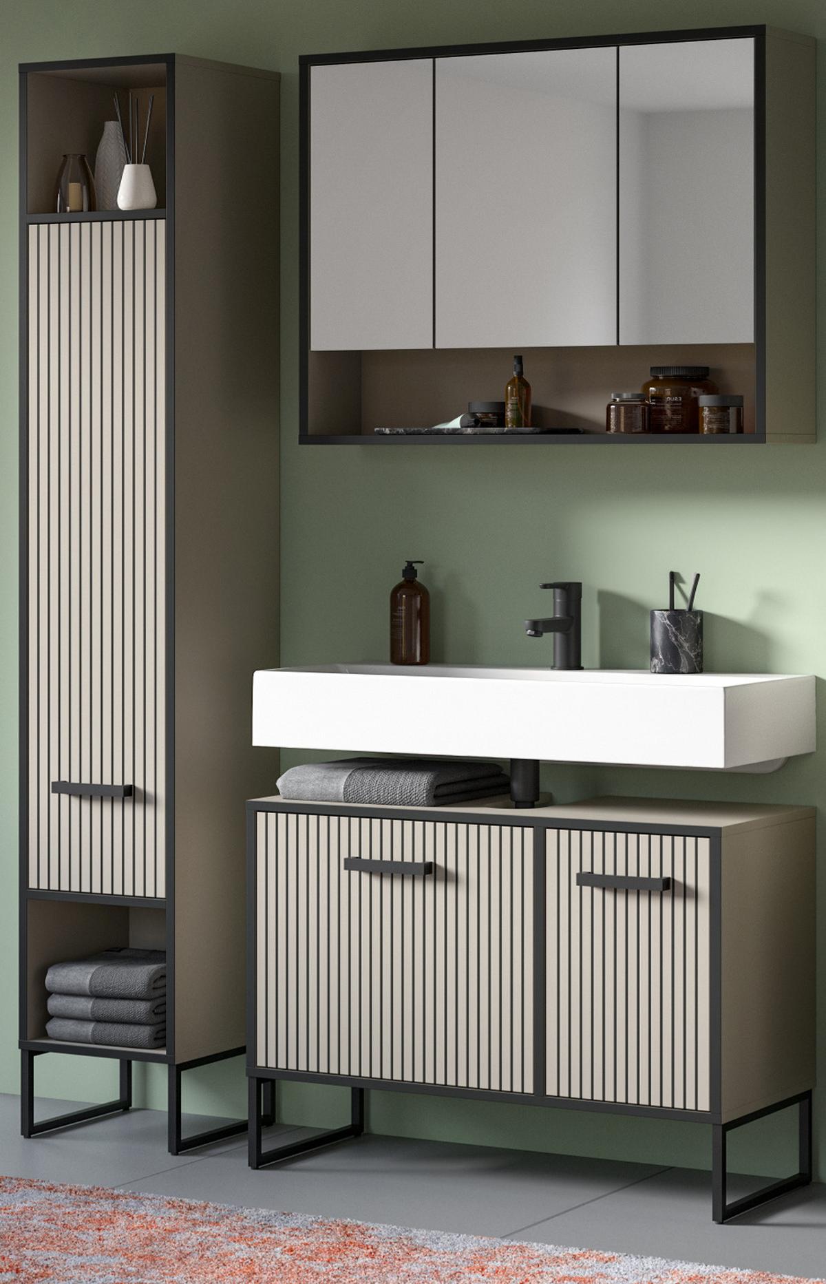 BADMÖBEL-SET 3-teilig Scana in schwarz, sand 125 cm, Kombination mit Soft-Close - Sandfarben/Schwarz, Glas/Holzwerkstoff (125/192/36cm) - Inn.Furn