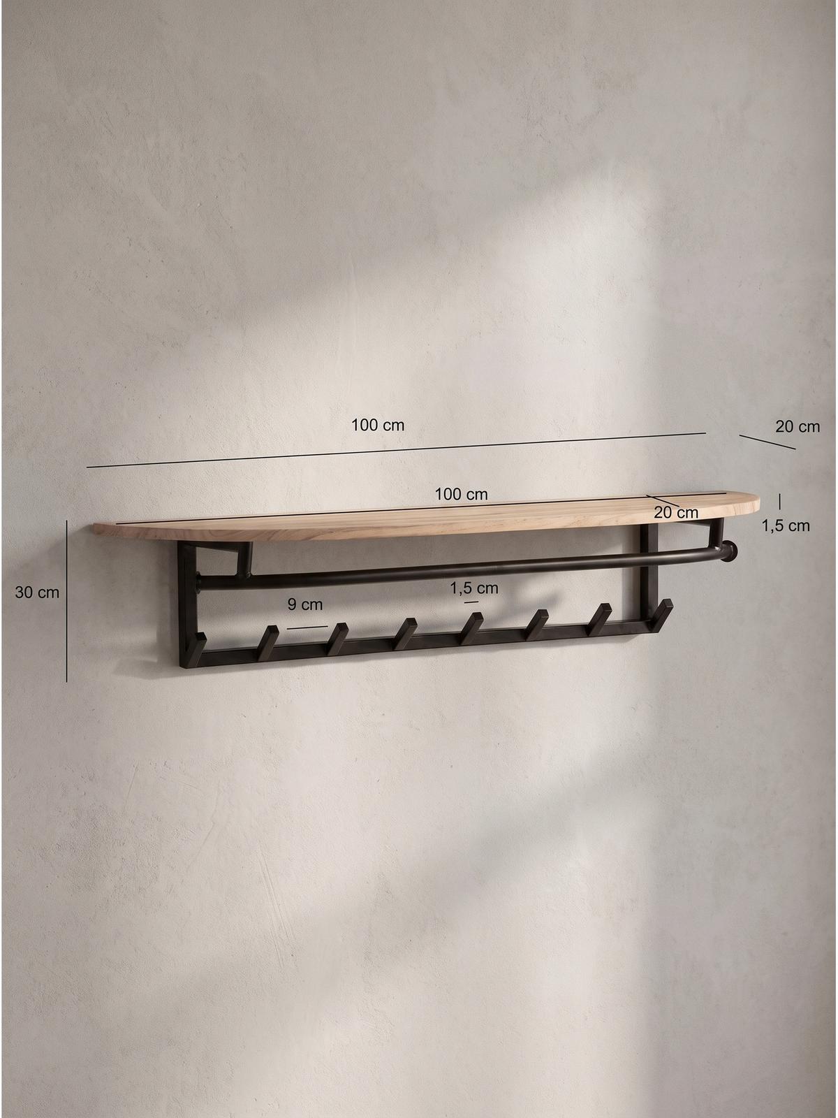 WANDGARDEROBE TIETAR, Akazie Massivholz, Akazie-Schwarz, 100 x 20 x 30 cm - Schwarz/Akaziefarben, Metall (100/30/20cm) - KADIMA DESIGN