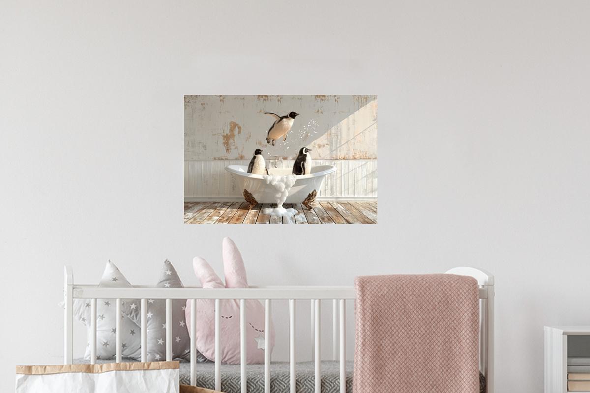 WANDTATTOO Vintage - Pinguin - Badewanne - Schaumstoff Deko Wohnzimmer 60x40 cm - Schwarz, Kunststoff (60/40/0.1cm) - MuchoWow