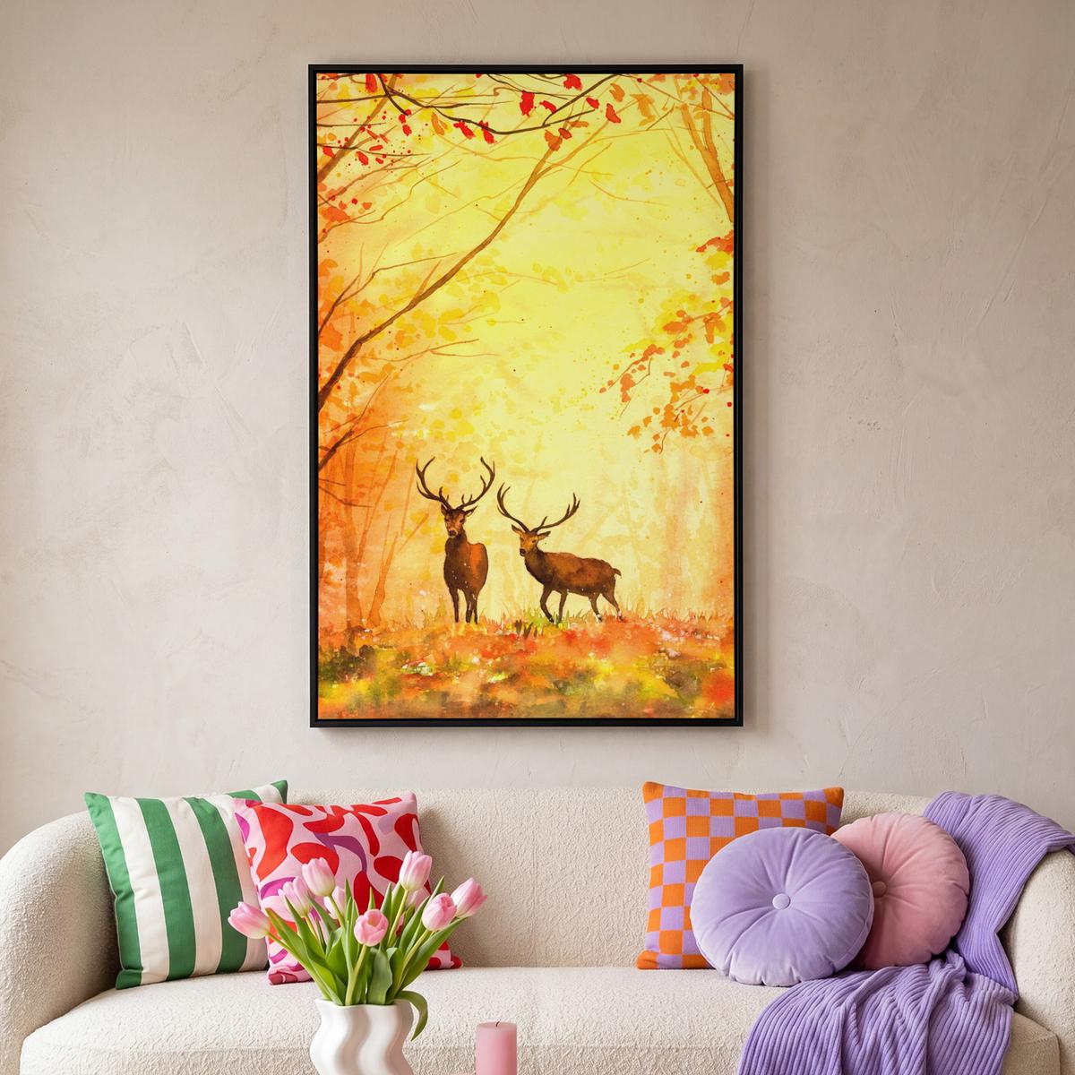 LEINWAND Bilder mit Rahmen - Natur - Ölfarbe - Hirsche - Tiere - Herbst - Orange - 90x140 - Orange, Textil (90/140cm) - MuchoWow