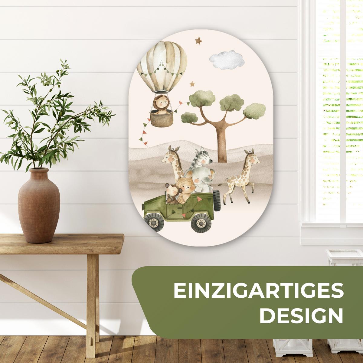 WANDBILD Wilde Tiere - Safari - Aquarell - Heißluftballon Wanddeko Schlafzimmer 60x90 cm - Beige, Kunststoff (60/90cm) - MuchoWow