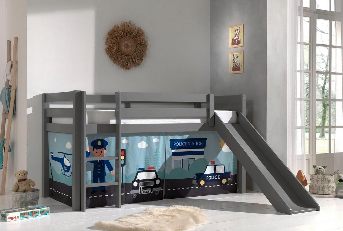 HOCHBETT mit Rutsche Karolina Massivholz Grau Textilset Polizei - Grau/Hellblau, Holz (90/200cm) - 58aufmkessel
