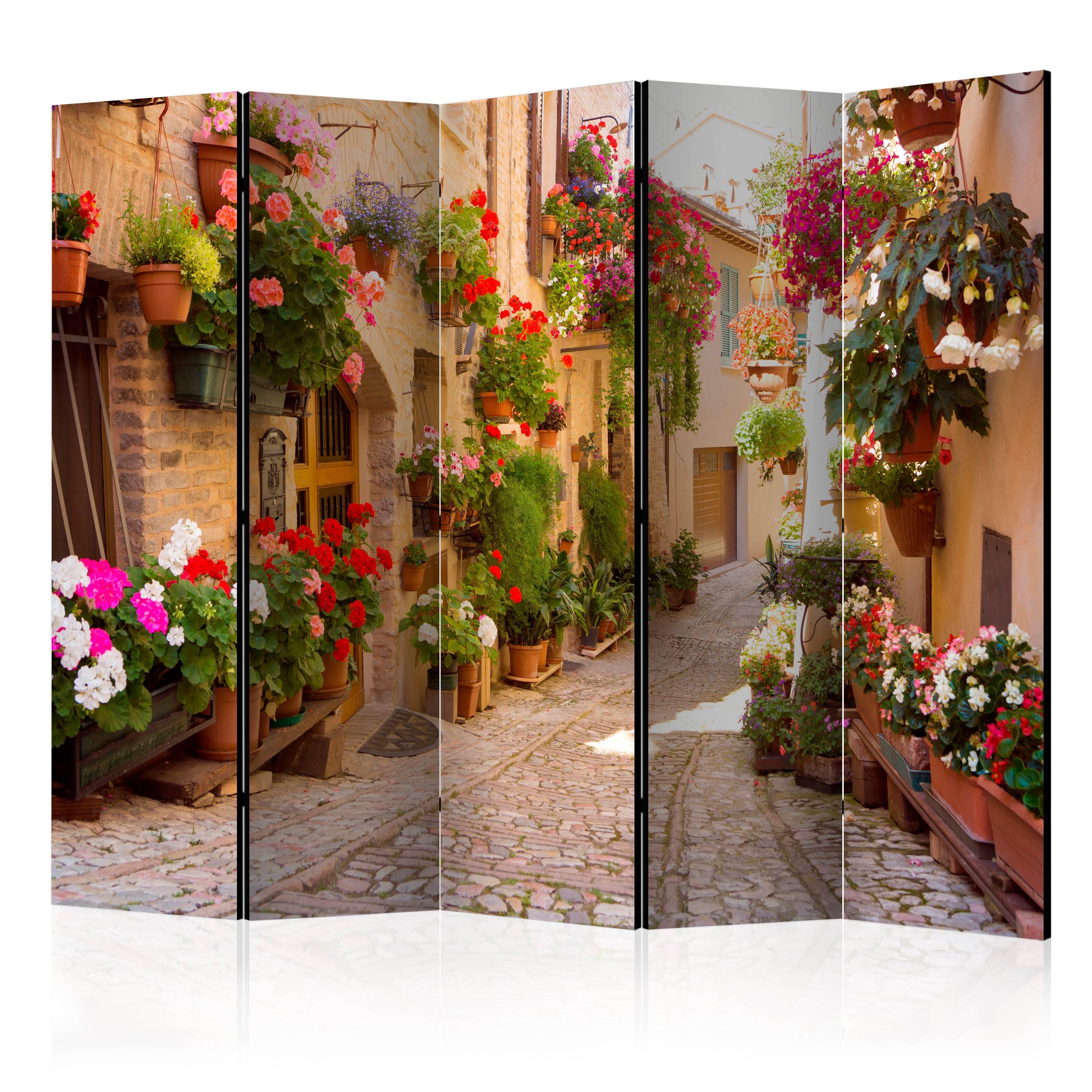 PARAVENT Beidseitig Bedruckter 5-tlg 225x172 cm Italienische Gasse Blumen - Multicolor, Holz/Textil (225/172/3cm) - Muralo