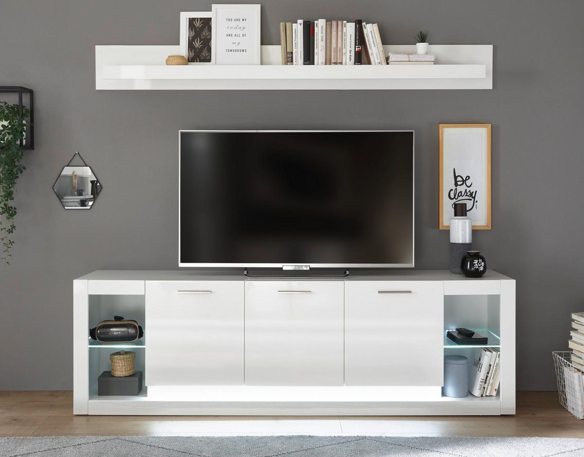 TV-LOWBOARD weiß Hochglanz 200 cm, TV Unterschrank mit Komforthöhe - Weiß Hochglanz/Silberfarben, Glas/Holzwerkstoff (198/61/43cm) - Furn.Design