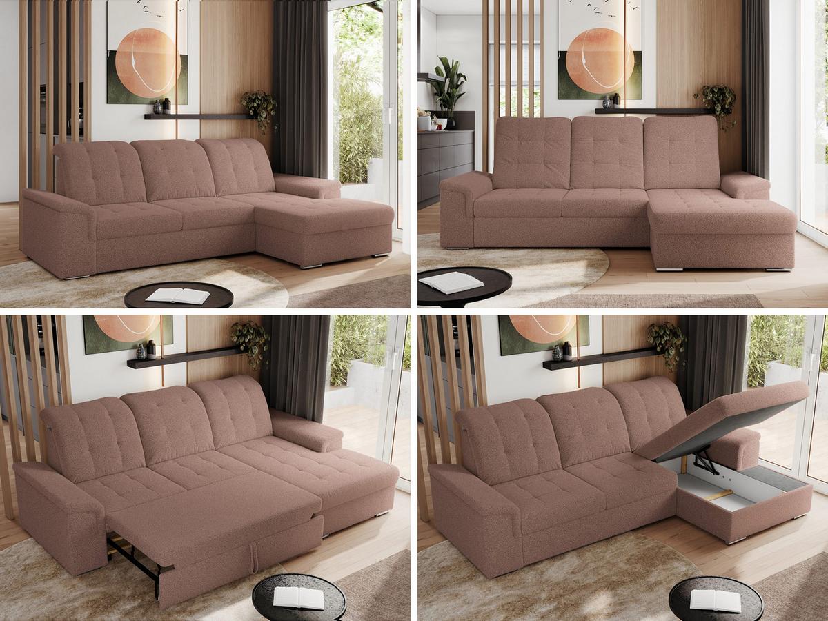 ECKSOFA MADRITO L - Rosa Boucle - Rechts - Silberfarben/Rosa, Textil/Metall (256/160cm)