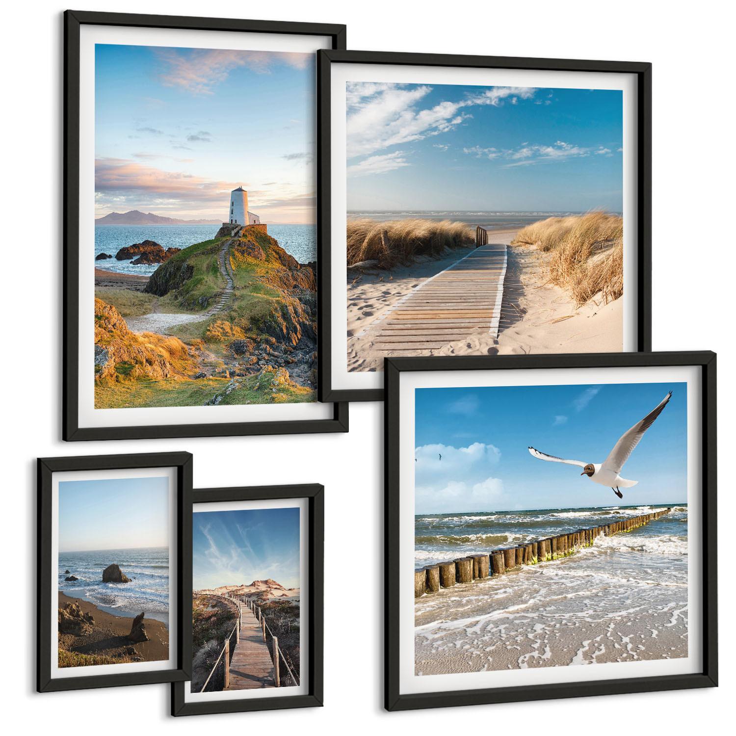 BILDER SET 5er Set - 50x50 cm & 20x30 cm & 40x60 cm Schwarzer Rahmen - Palmen am Meer, blaues Wasser - Schwarz, Kunststoff (40/60cm) - TULUP