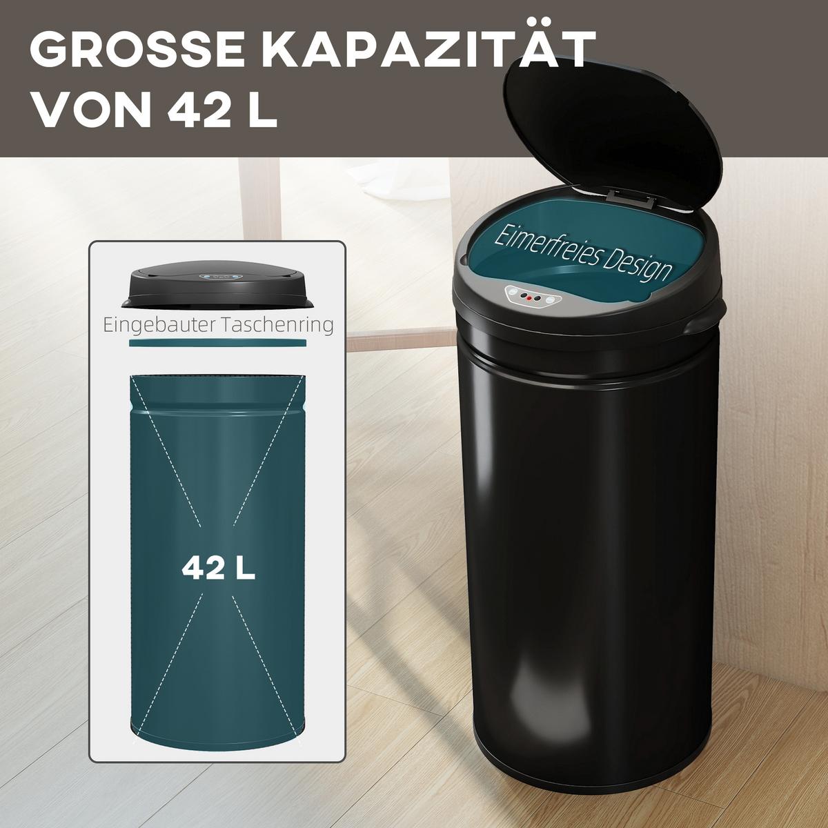 MÜLLEIMER mit Sensor 42L Edelstahl Automatischer Mülleimer mit Soft-Close-Deckel - Schwarz, Metall (30.5/68/30.5cm) - HOMCOM