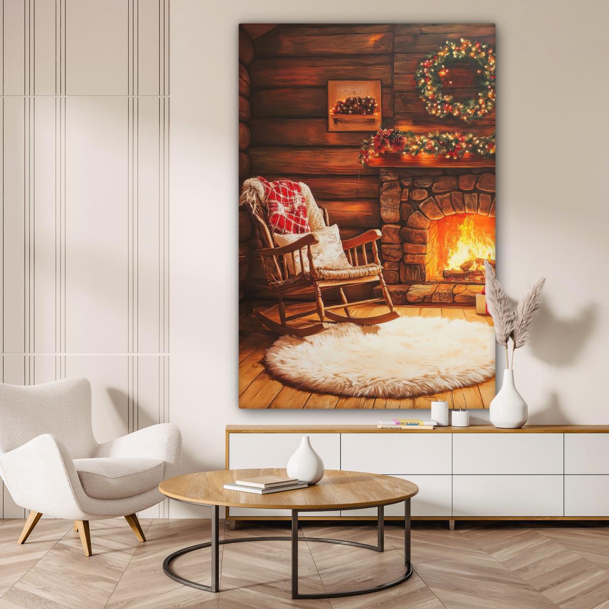 LEINWANDBILD Winter - Weihnachten - Zuhause - Kamin Deko Groß 90x140 cm - Bernsteinfarben, Textil (90/140cm) - MuchoWow