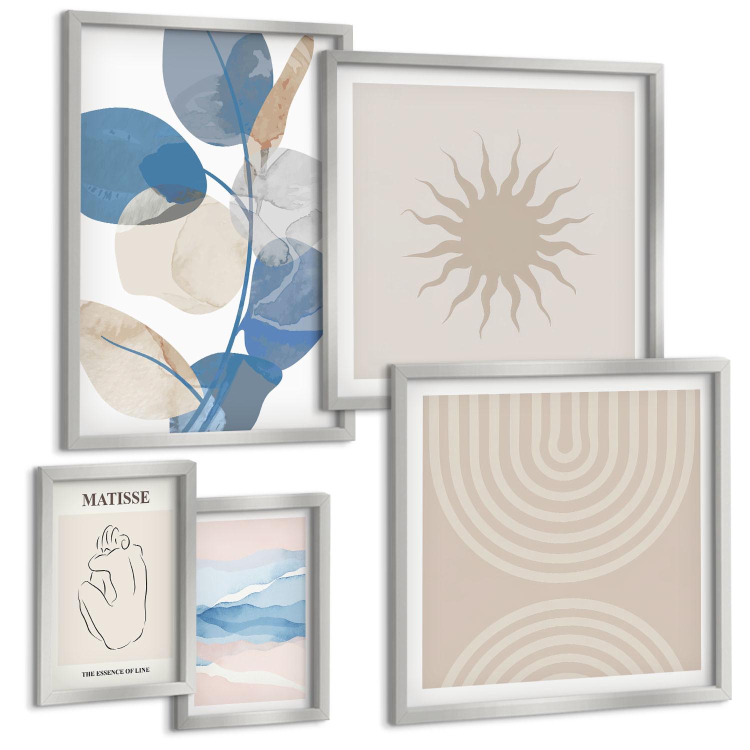 BILDER SET 5er Set - 50x50 cm & 20x30 cm & 40x60 cm Silberner Rahmen - Linien, Wellen, Pastellfarben, minimalistisch - Silberfarben, Kunststoff (40/60cm) - TULUP