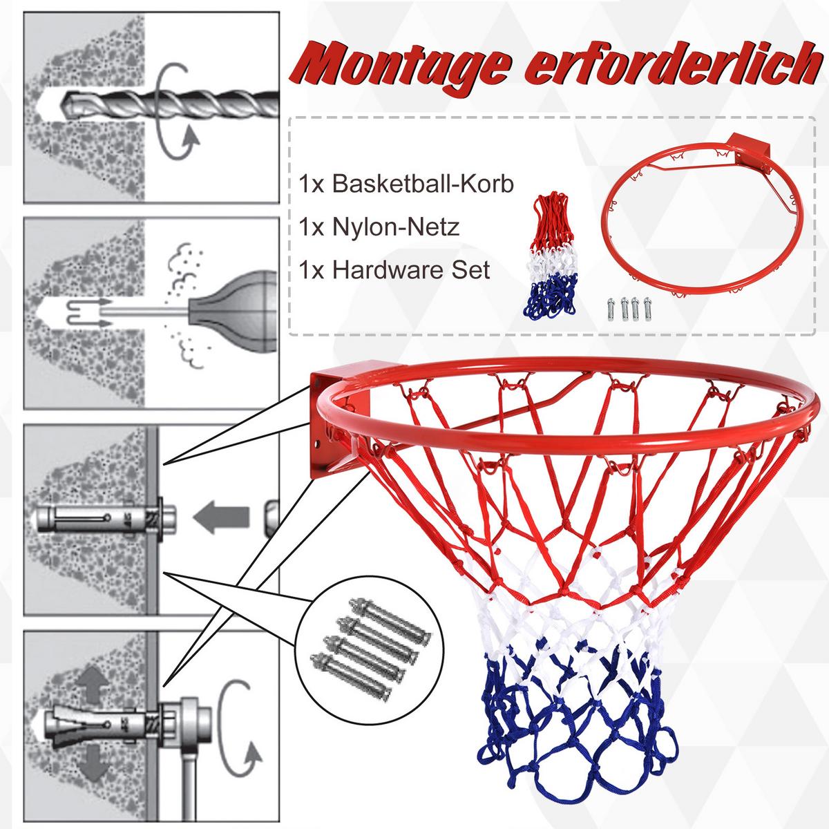 BASKETBALLKORB mit Netz Basketballnetz Metallrohr Rot+Blau+Weiß ø46 cm - Rot, Metall (1.6/46cm) - HOMCOM