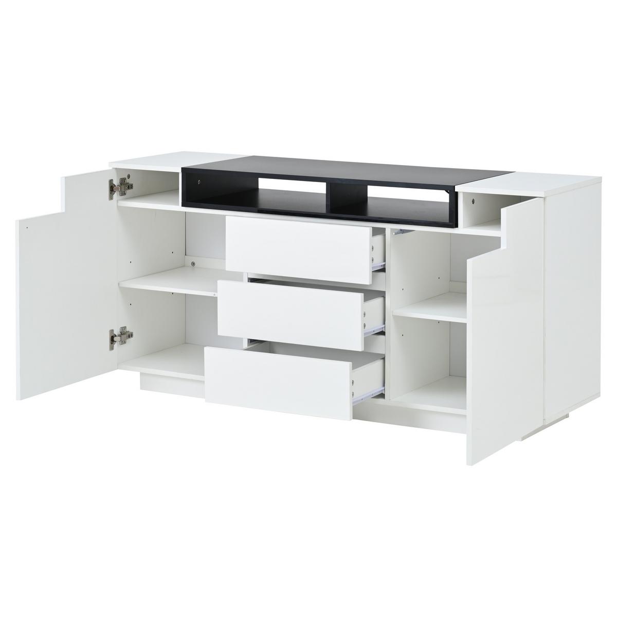 SIDEBOARD 140 cm 2 L-förmige Türen, 3 Schubladen, LED-Beleuchtung, Hochglanz Weiß & Schwarz - Weiß Hochglanz, Holzwerkstoff (140/48/60cm) - Urban Meuble